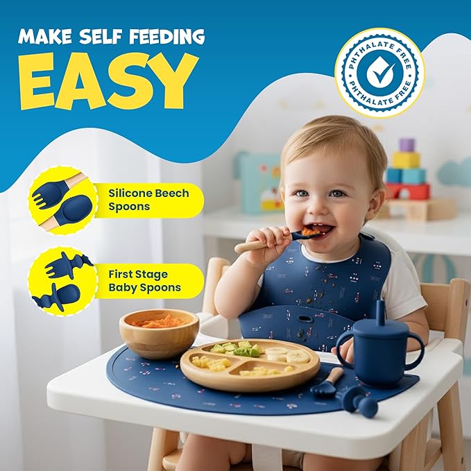 Bamboo & Silicone Baby Feeding Set 8 PCS | Baby Led Weaning Supplies Self Feeding | Divided Suction Plate Bowl Bib Sippy Cup with Straw Utensils Baby Bowls and Spoons Toddler Feeding (Midnight Blue)