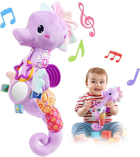 LIGHTDESIRE Baby Toys Musical Seahorse Stuffed Animals Infant Toys 0-6-12 Months with Mirror|Rattles|Crinkle|Baby Teething Toys,Sensory Toys for Tummy Time Newborn Boys Girls Gifts(Lavender Purple)