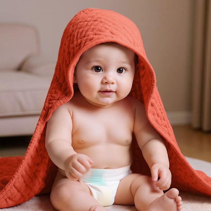 VitalCozy 6 Pcs Baby Muslin Hooded Bath Towels and Washcloths Muslin Cotton Hooded Baby Towels Absorbent Blankets for Gift Newborn Infant Shower (32 x 32 Inch,Cherry Red,Coral)