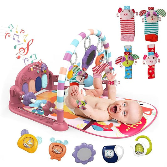 dearlomum Baby Play Mat Gym,Funny Play Piano Interactive Baby Activity Mat with 5 Infant Sensory Toys & 4 Wrist Rattle Socks, Boy & Girl Gifts for Newborn 0 to 3 6 9 12 Months(Pink)