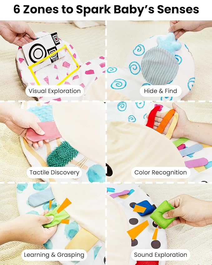 Baby Play Gym, Thickened and Non Slip Activity Mat, 5 Developmental Zones Tummy Time Mat with 5 Detachable Sensory Toys for Motor Skills, Baby Essentials Shower Gift Box(Bear)
