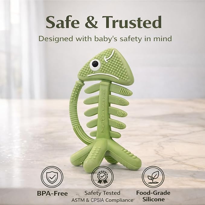 3 in 1 Infant Toys, Baby Teething Toys 3–6 6–12 Months, Teethers for Babies 0–3–6–12 Months for Teething Relief, Baby Gift, Baby Teether Toys, Silicone Sensory Toys, USA Patent Pending, Fish (Olive)