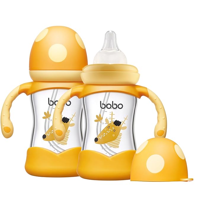 YOHKOH Natural Glass Baby Bottle with Natural Response Nipple, Wide Neck Baby Bottles with Handle, Newborn Anti-Colic Baby Bottles Gift Set, Clear (5.4oz (Pack of 2), Yellow)