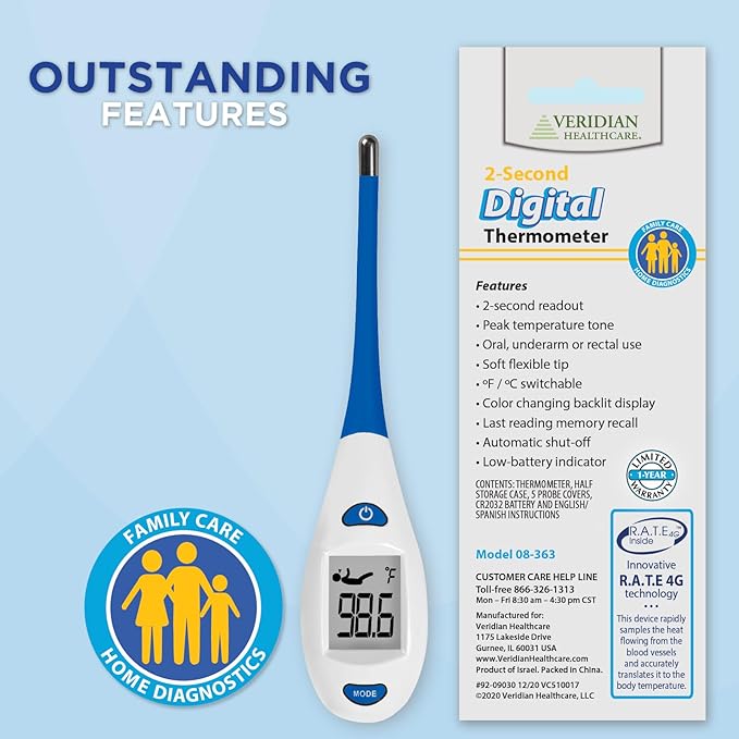 Veridian Digital Thermometer | 2-Second Readout | Rate Rapid Read Technology| Flexible Tip | Hygienic Water-Resistant Easy Cleaning | Storage Case + Instructions Included