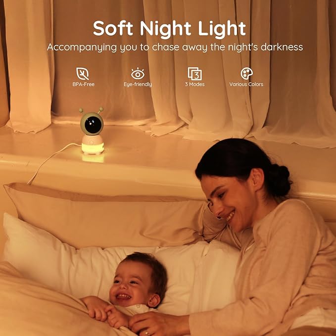 BOIFUN 2K WiFi Baby Monitor with Camera and Audio, Soothing Night Light, APP & 5" Split-Screen Control, Motion/Cries/Noise/Customizable Alarm Zones Detect, Auto Tracking, Humidity&Temperature Detect