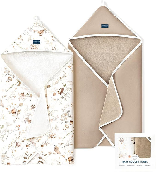 GRSSDER Baby Hooded Towel 2 Pack for Newborn, Super Soft Bath Towels with Original Designs, Ultra Absorbent Knit Terry, Large Toddler Towels with Hood for Boys Girls, Shower Gifts for Infant,34"x 34"