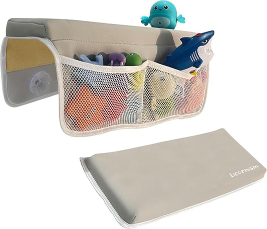 Licornism Comfortable Bath Kneeler and Elbow Rest Pad Set- Thick Non-Slip Memory Foam Bath Mat Set,Quick Dry Baby Bathtub Cushion with Storage Toy Organizer Pockets