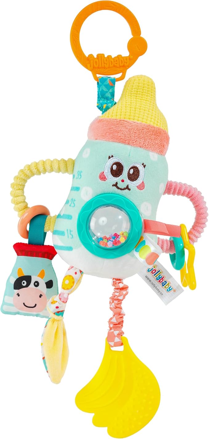 Jollybaby Baby Pull Vibration Toy - Tummy Time Sensory Hanging Toys for Car Seat, Stroller, Crib & Play Gym, with Babier Teether, Airplane Travel Toys for Toddlers Gift - Baby Bottle