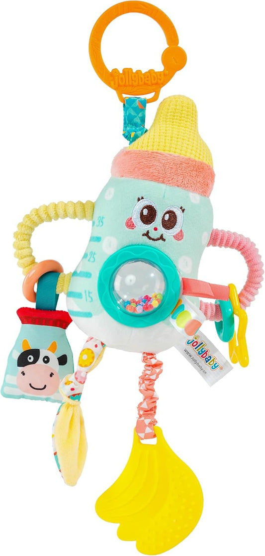 Jollybaby Baby Pull Vibration Toy - Tummy Time Sensory Hanging Toys for Car Seat, Stroller, Crib & Play Gym, with Babier Teether, Airplane Travel Toys for Toddlers Gift - Baby Bottle