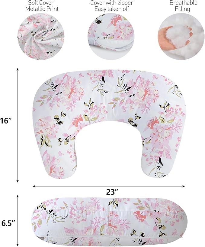 Little Grape Land Nursing Pillow, Upgraded Breast Feeding Pillow for Mom, Breastfeeding Bottle Feeding for 0–16 Months, Machine Washable Cover with Firm Breathable Filling for Tummy Time, Rose Floral