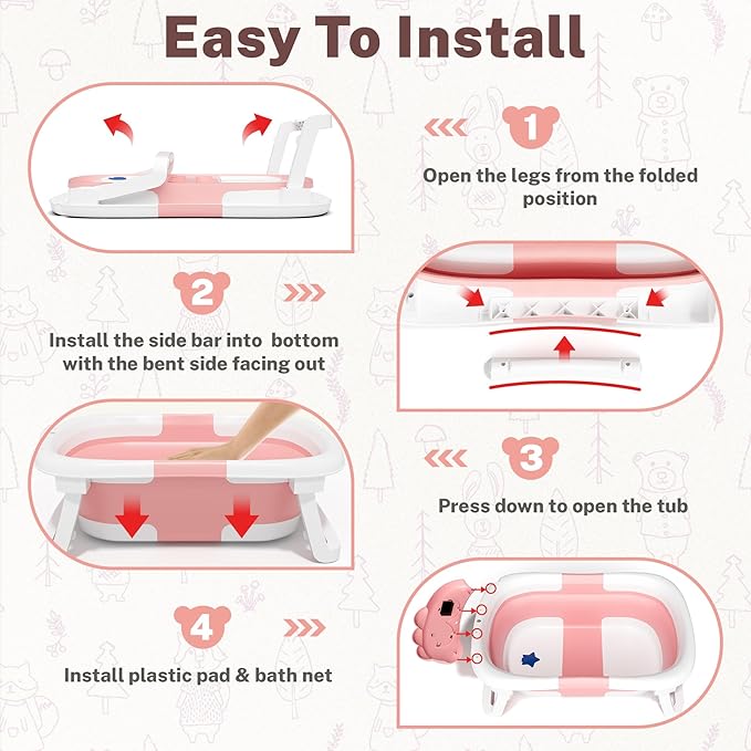 AVIDOR Baby Bathtub,Collapsible Bathtub for Newborn to Toddler,Durable Essential Infant Bath Tub,Portable Travel Baby Tub with Soft Bath Net,No-Slip Feet and Dinosaur Shaped (Pink)