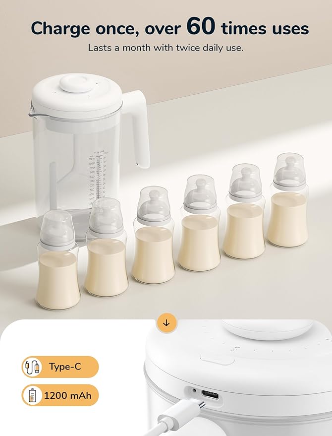 Electric Formula Pitcher, 36 oz Baby Formula Mixing Pitcher, Automatic Baby Formula Mixer, Bidirectional Stirring Breastmilk Pitcher, Locking Lid Smooth Formula Maker Milk Storage for Fridge（White)