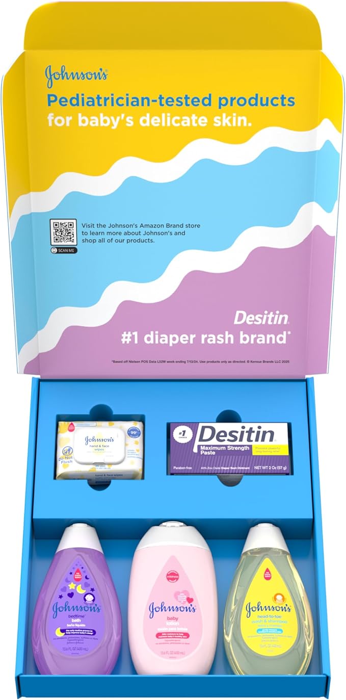 Johnson's Baby Here Comes Baby Gift Set, Baby Essentials for New Parents with Moisturizing Lotion, Bedtime Bath, Body Wash & Shampoo, Hand & Face Wipes, & Diaper Rash Cream, 5 Items