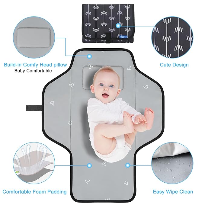 Baby Portable Changing Pad Travel - Waterproof Compact Diaper Changing Mat with Built-in Pillow - Lightweight & Foldable Changing Station, Newborn Shower Gifts