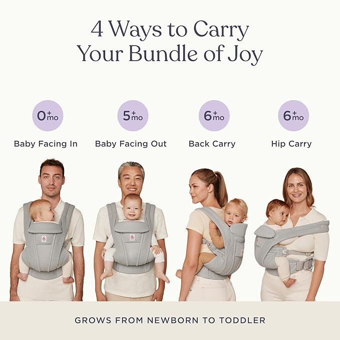 Ergobaby Omni Deluxe Baby Carrier Newborn to Toddler - Breathable Baby Carriers for Summer - All-Position Carrier with Enhanced Lumbar Support & Airflow (7-45 Pounds), Mesh, Pearl Grey