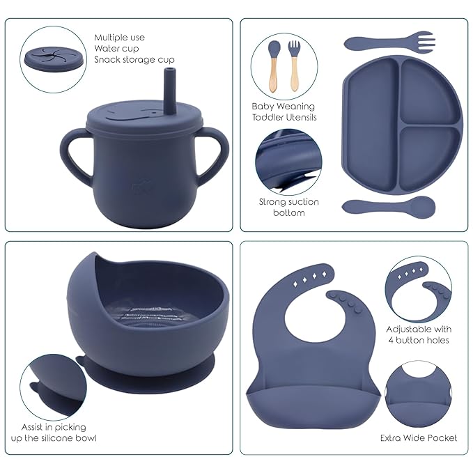 Dormlony 100% Silicone Baby Feeding Set, BPA Free Baby Dishes with Suction Bowl, Divided Plate, Toddler Self Feeding Dish Set with Spoons, Forks, Sippy Cup and Bib, Baby Eating Utensils (Navy Blue)