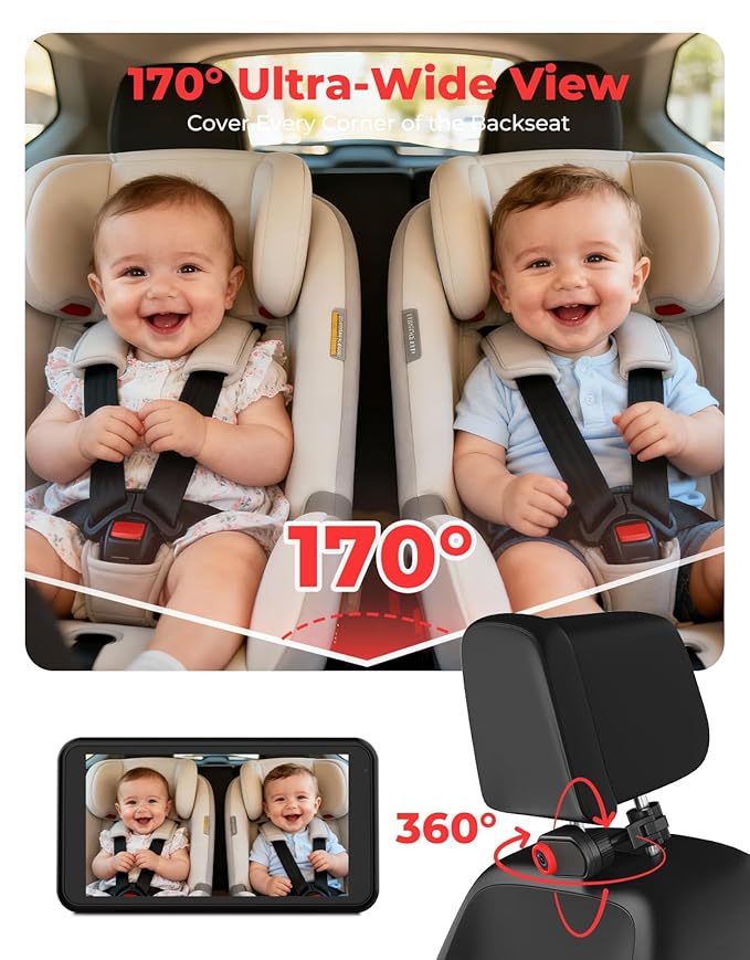 BM2A Baby Car Camera, Night Vision & 5.2" 1080P Display for Rear-Facing Car Seats, Easy No-Damage Install, Patented Anti-Shake Mount – Ideal for Parents and Pet Owners
