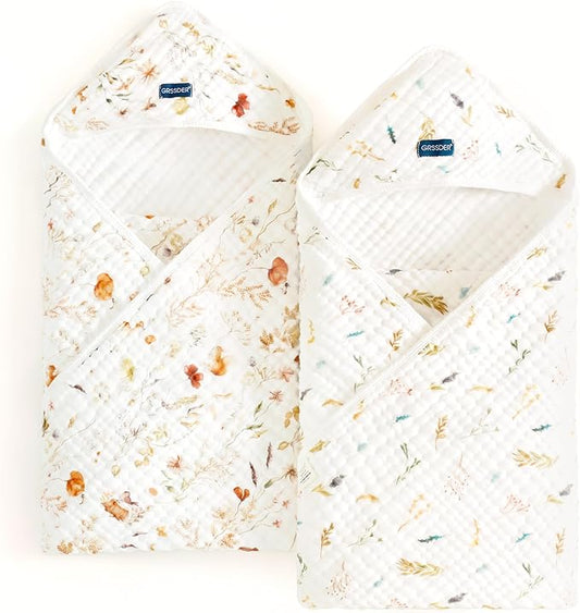 GRSSDER Ultra Soft Absorbent Muslin Cotton Baby Hooded Towel 2 Pack with Original Patterns, Extra Large Size 35"x 35" Swaddle Wrap for Newborn Infant and Toddler