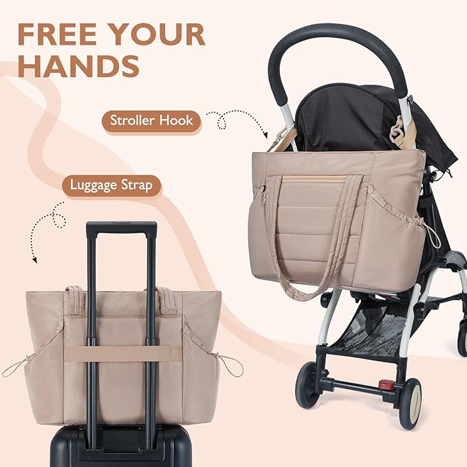 mommore Diaper Bag Tote with Stroller Organizer Puffer Bag Large Capacity Baby Bag with Changing Pad for Travel, Hospital