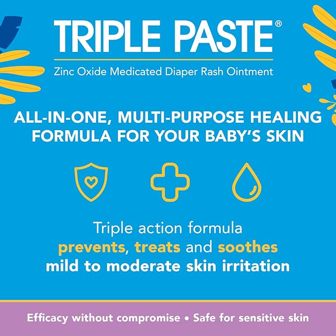 Triple Paste Multi-Purpose Baby Healing Ointment, 2 oz Tube, Baby Diaper Rash Cream and Skin Protectant for Hands, Face & Bottom Treats, Soothes and Prevents with Zinc Oxide (Packaging May Vary)
