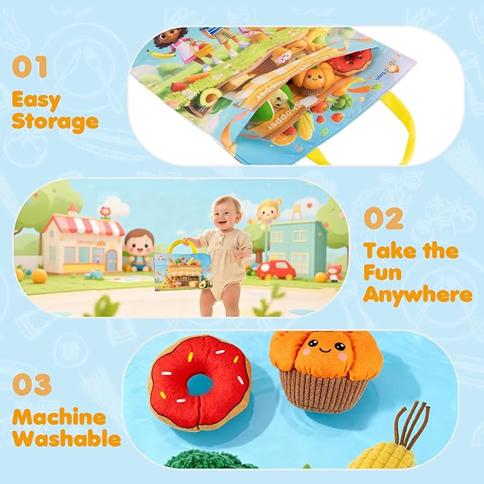 Montessori Baby Toys for 6-12-18 Months - My First Shopping Trip Baby Sensory Toys with Color Sorting Play Food, Crinkle & Rattle, Fine Motor Learning Toddler Toys for 1-2 Year Old Boy Girl Gifts