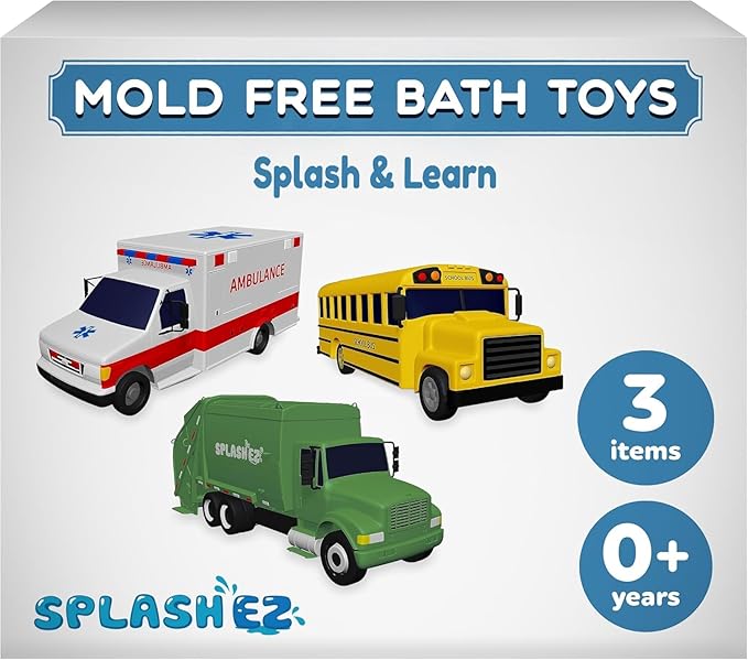 SplashEZ Mold Free Baby Bath Toys, No Hole Bath Toys for Toddlers, Bathtub 6-Pack Cars Set for Kids, No Mold Floating Water 6 Vehicles Set for Pool, BPA-Free Safe Fun, Infant Ages 1 3 6 12 18 Mo
