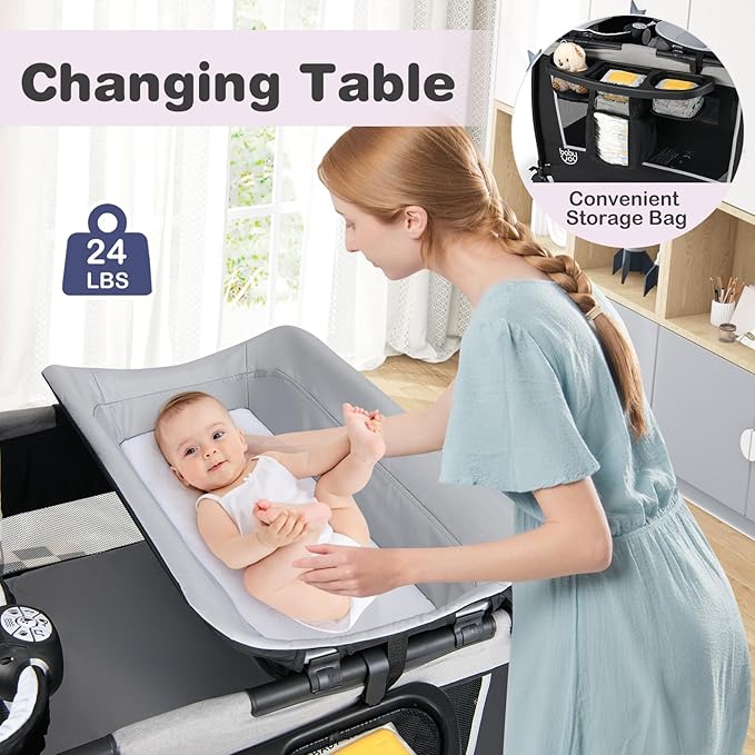BABY JOY 5 in 1 Pack and Play, Portable Nursery Center Baby Playard w/Bassinet & Diaper Changing Table, Infant Bassinet Activity Center with Toys, Music, Oxford Bag for Toddlers (Space Grey, Classic)
