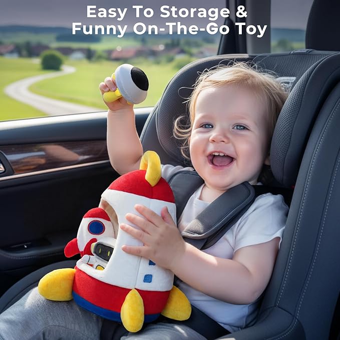 IPOZITO Baby Toys 6-12 Months,Soft Rocket with 5 Sensory Plush Toy, Rattle, Crinkle Paper, Squeaker, Mirror, Busy Montessori Toys for 6 Month Old Christmas Baby Stocking Stuffers