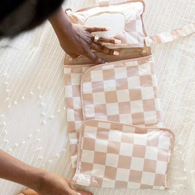 Tiny Twinkle Portable Diaper Changing Pad | Waterproof, Wipeable & Compact Baby Changing Pad for Travel | Smart Wipes Pocket & Organized Storage| Newborn Shower Gift (Beige Checkers)
