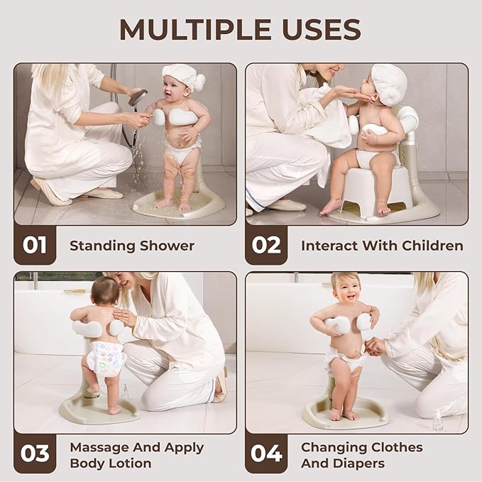 Adjustable Baby Shower Stand, Baby Bath Stand, Baby Shower Standing Support with Adjustable Height and Safety Handle, Foldable and Compact Baby Bathtub with Stand for Baby 6-36 Months (Khaki)