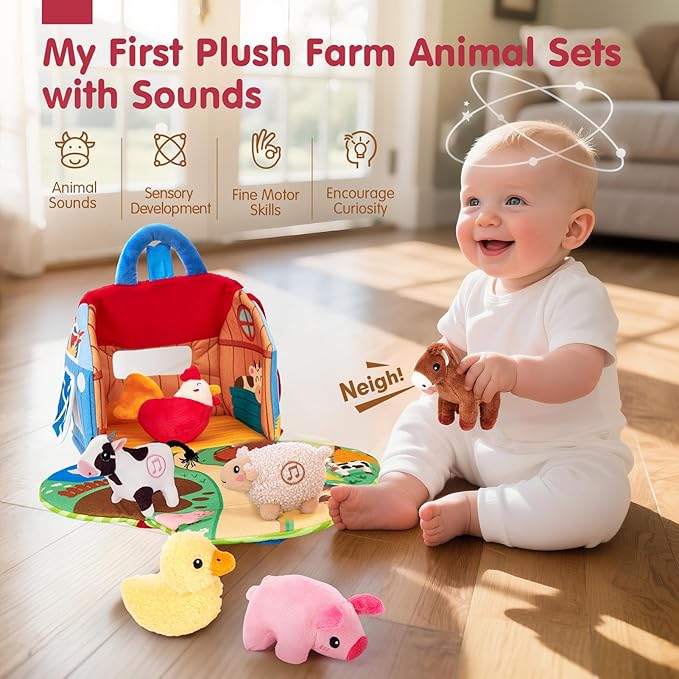 hahaland Baby Toys 6-12 Months - Surprise Barn with Stuffed Farm Animals with Real Sounds - Montessori Toys for 6 Month Old Baby 1 Year Old Boy Girl Gifts Toddlers Sensory Toy Easter Basket Stuffers