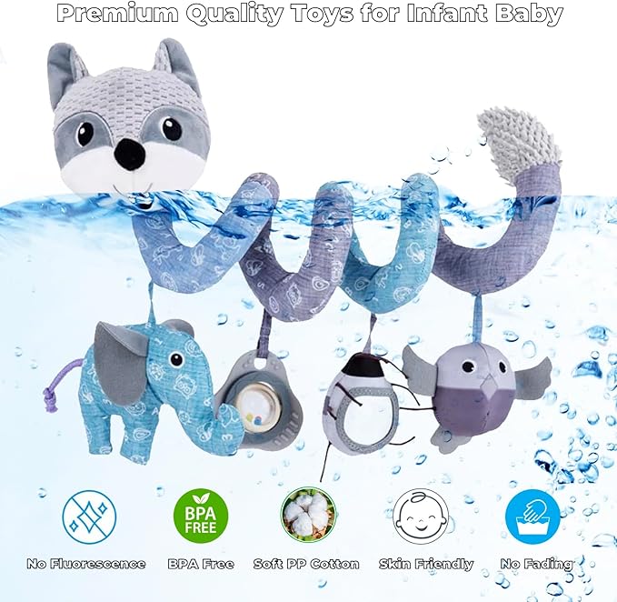 Car Seat Toys, Baby Toy 3-6 Months Carseat Stroller Toys Infant Spiral Activity Toy 0-3 Month, Hanging Car Toys for Babies 0-6 Months Newborn Boys Girls with Music Rattle Squeaker - Gray Fox