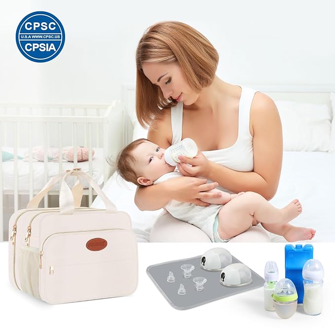 PIIOSER Insulated Baby Bottle Bag with Ice Pack, Breastmilk Cooler Compatible with Wearable Breast Pumps & Accessories - Baby Cooler Travel Bag for Nursing & Working Moms, Cream