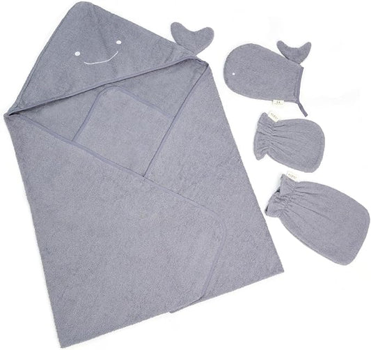 SILI FACTORY Hooded Baby Towels, 100% Cotton, Ultra-Soft & Absorbent Baby Bath Towels with Bath Mitt, Baby Bath Towels for Newborn, Infant, Toddler and Kids,4 Piece,39"x 39", (Whale-Dark Blue)