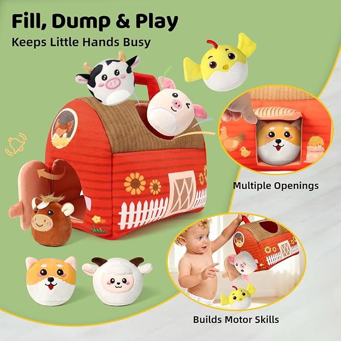 Farm Animal Toys for 1 2 3 4 5 Year Old Toddlers – Plush Farm House Playset with Barn, 6 Soft Farm Animals & Large Play Mat – Farm Toys for Toddlers 1–3