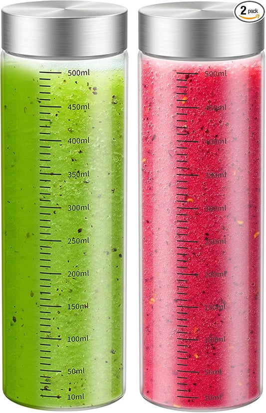 18 Oz Glass Bottles, 2 Pack Glass Juice Bottles with Lids, BPA Free, Borosilicate Glass, Leak Proof Lids for Juicing, Smoothies, Water Bottles, Food Storage, Shaker Bottles