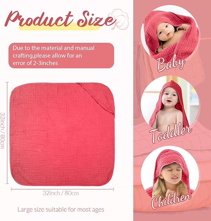 VitalCozy 6 Pcs Baby Muslin Hooded Bath Towels and Washcloths Muslin Cotton Hooded Baby Towels Absorbent Blankets for Gift Newborn Infant Shower (32 x 32 Inch,Cherry Red,Coral)