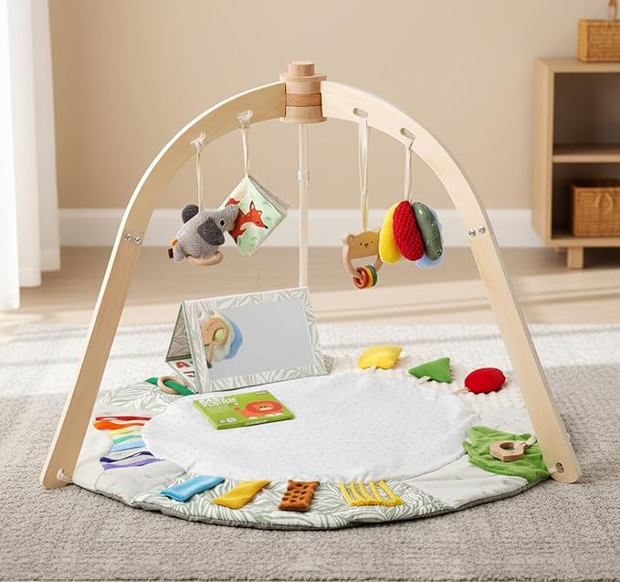 Macabaka Wooden Baby Play Gym & Tummy Time Playmat – Montessori Sensory Activity Mat with 6 Developmental Toys for Fine Motor Skills – for Newborns to Toddlers (0–12M+)