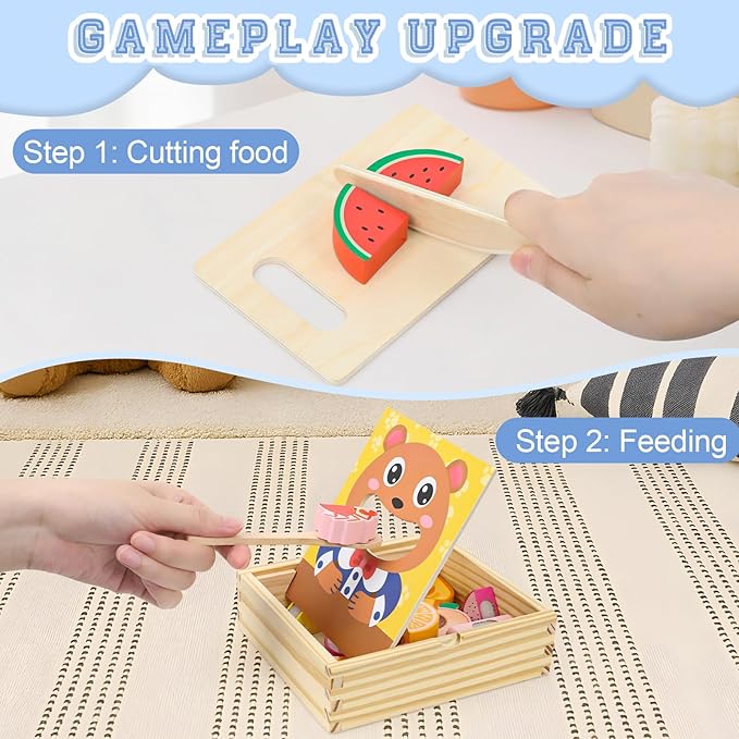 Wooden Baby Feeding Toy-Montessori Pretend Play Food Set for Toddlers 1-3 Safe Non-Toxic Wooden Cutting Food Toy Fruits Vegetables Perfect for Play Kitchen Food Pretend Play for Kids Boy Girl Gift