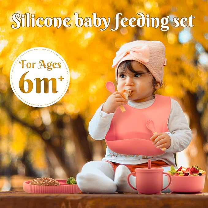 CHCC Silicone Baby Feeding Set 10 Pcs, Baby Led Weaning Supplies, Baby Feeding Supplies Set BPA Free, Baby Essentials for Newborn Gift Red