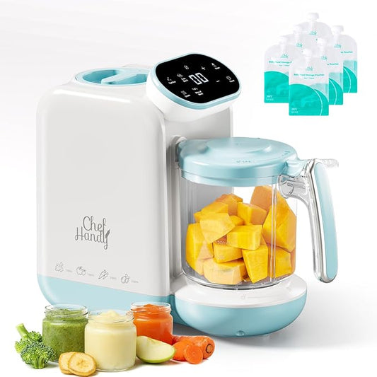 Chefhandy Baby Food Maker, Steamer & Blender, Puree Maker with Auto/Manual Blend, Steam Basket, Bottle Warmer & Sterili-zer, Compact Easy-to-Clean Baby Food Processor (White Blue)