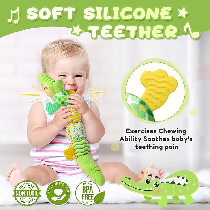 Awotoy Baby Toys 0 to 12 Months, Musical Stuffed Animals Activity Soft Toy with Multi-Sensory Crinkle, Rattle and Textures, Infant Tummy Time Toys for Newborn Boys Girls, Crocodile, Green