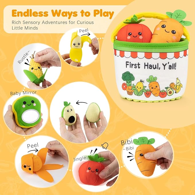 Montessori Baby Toys for 6-12-18 Months - My First Shopping Trip Baby Sensory Toys with Color Sorting Play Food, Crinkle & Rattle, Fine Motor Learning Toddler Toys for 1-2 Year Old Boy Girl Gifts