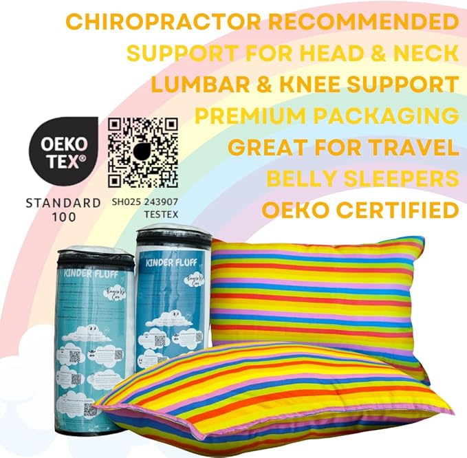 kinder Fluff Kids Pillow (2-Pack) 16x24in - Youth Pillows for Kids Age 7+, 100% Cotton Sateen Stripes 300T, Down Alternative Fill, Machine Washable - Children, Decor & Travel Cushion - Rainbow - L