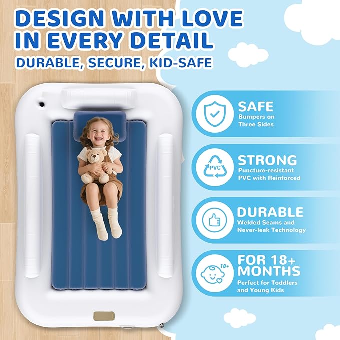 Deeteck Inflatable Toddler Travel Bed - 60 Inches Portable Toddler Bed for Travel with Safety Sides - Cozy Kids Air Mattress with Built-in Electric Pump &Carry Case - Easy to Inflate - Sea Blue