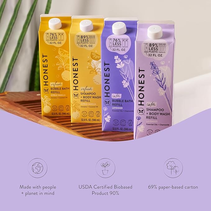The Honest Company Foaming Bubble Bath Refill Carton, Gentle for Baby, Naturally Derived, Tear-Free, Hypoallergenic, Lavender Calm, 32 fl oz