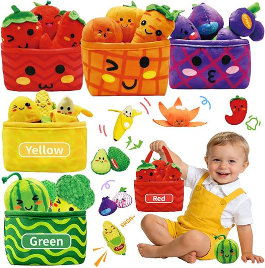 Play Food for Toddlers 1-3, Play Food Set for Kids Plush Fruits Vegetables Basket Color Sorting Rattle, Squeaker & Crinkle Baby Sensory Toys Birthday Stocking Stuffers Gifts for Christmas 20PCS