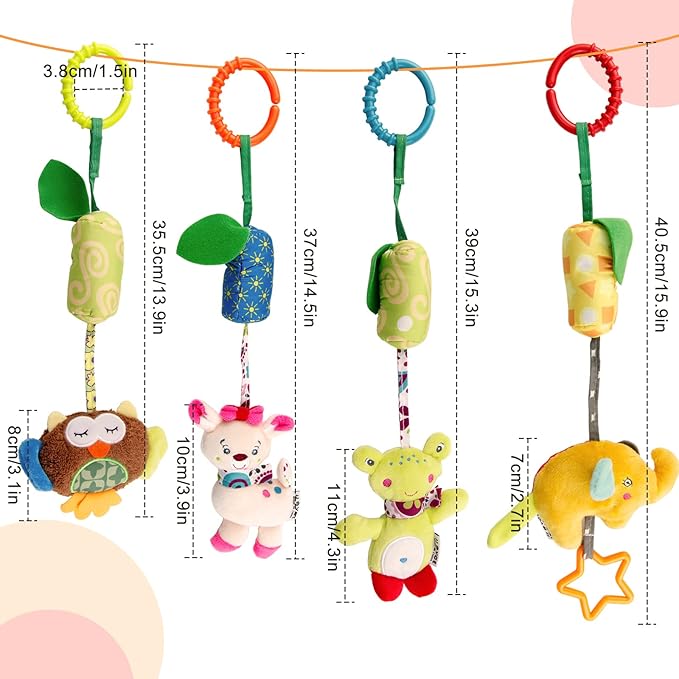 4 Packs Baby Stroller Toys Car Seat Hanging Bell For Boys Girls,Adorable Animal Infant Play Music Crib Toy Carseat Rattles Educational Toys,Kids Hand Bell Puppet With Cute Wind Chime And Squeak