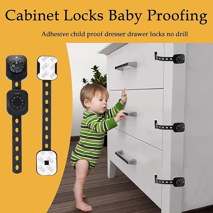 Fursafe&Q Child Safety Cabinet Proofing, Baby Cabinet Locks Adhesive Adjustable Child Safety Strap Locks Drawer Fridge Ovens Toilet Latches No Screws for Furniture Kitchen (Black, 12Pack)