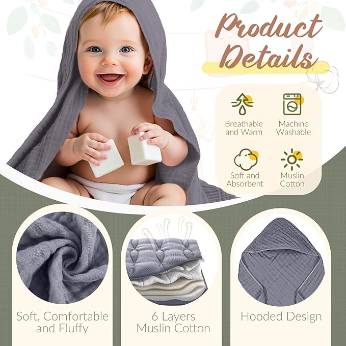 VitalCozy 12 Pcs Baby Muslin Hooded Bath Towels and Washcloths Muslin Cotton Hooded Baby Towels Absorbent Blankets for Gift Newborn Infant Shower (32 x 32 Inch,Cool Colors)